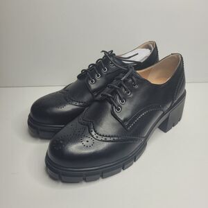 Black faux leather wingtip Oxfords lace up Chunky classic shoes size 42